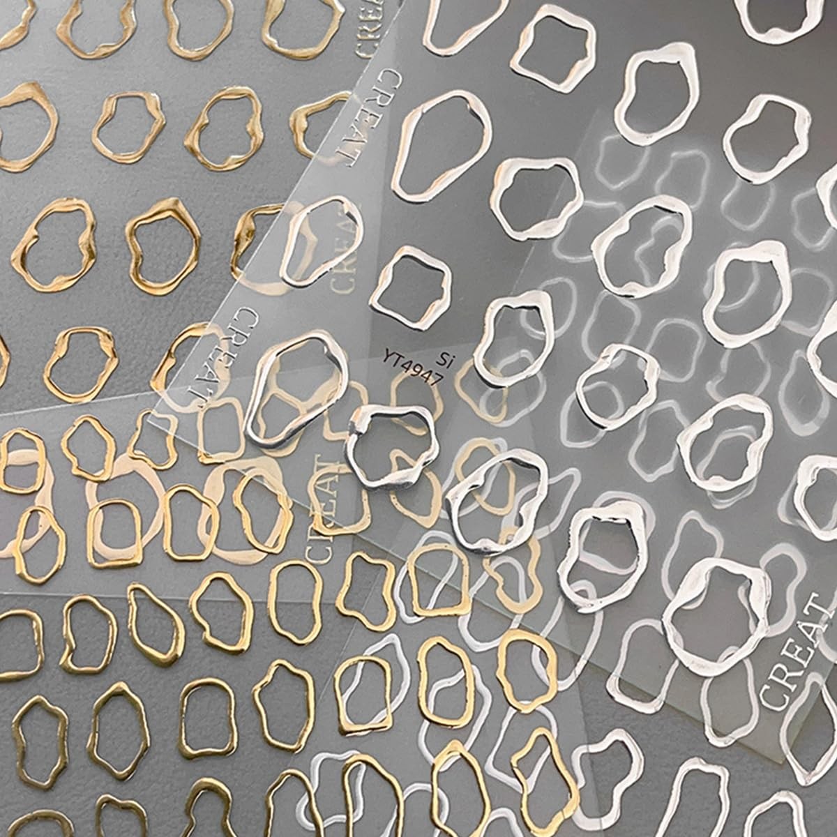 5D Embossed Metal Nail Art Stickers, 4Sheets Gold Silver Irregular Multicolor