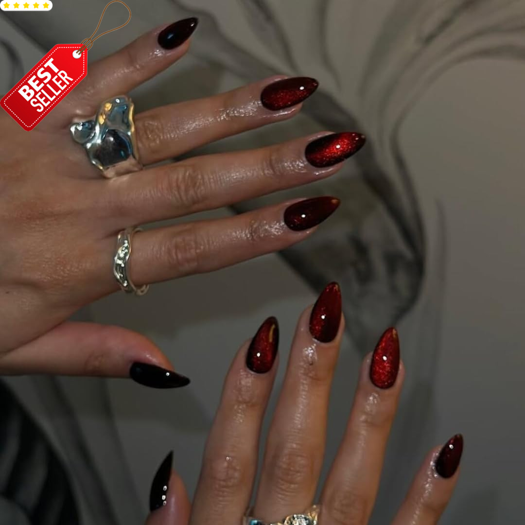 30x Dark Red Cat Eye Press On Nails Almond Medium Glitter Burgundy Fake Nails –