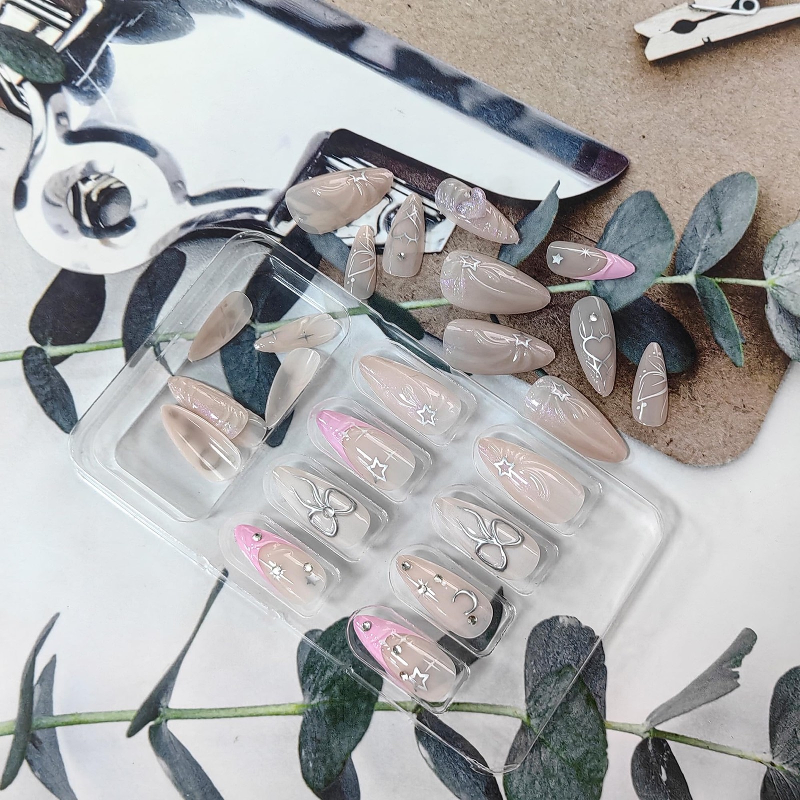 3D Press on Nails French Tip Fake Nails with Designs Glossy Butterfly False N…