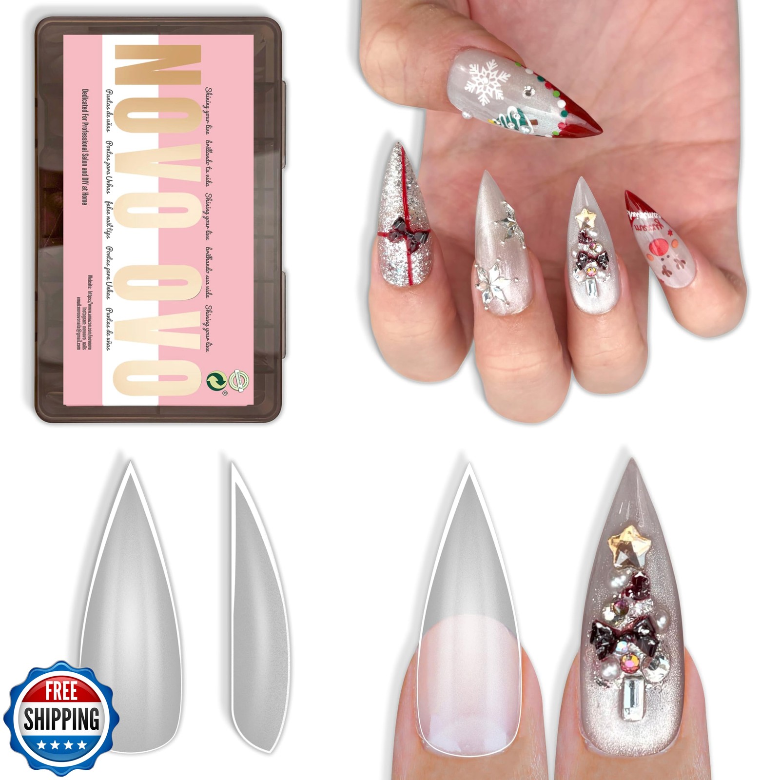 NOVO OVO Sharp Stiletto Pointed Medium Long Nail Tips Press on, Extra Thick S…