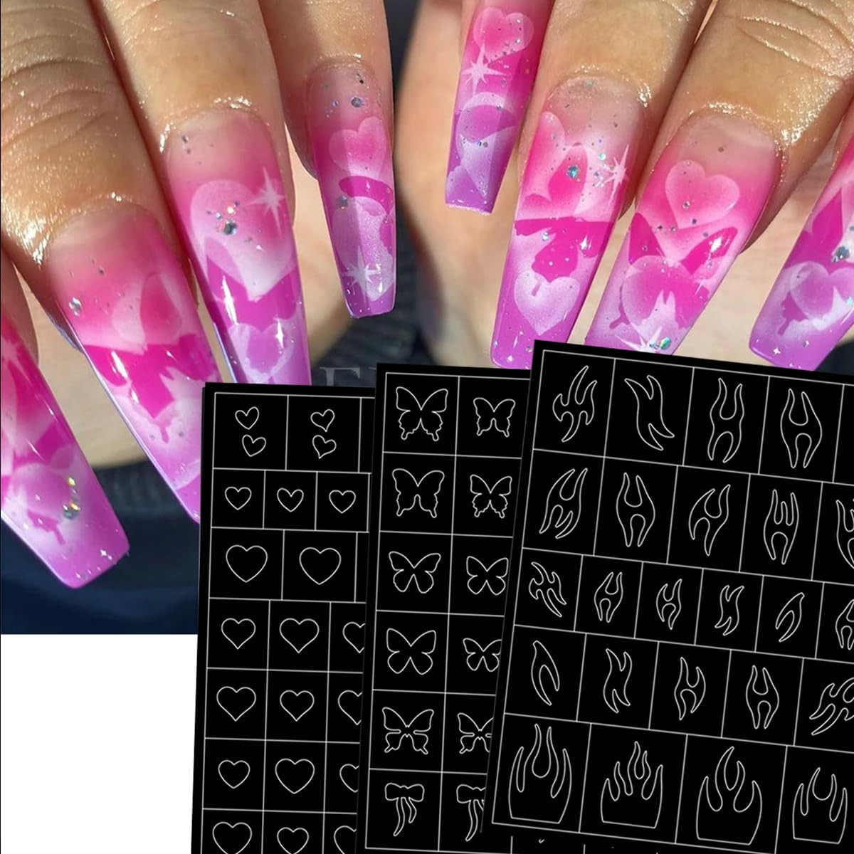 6 Sheets Airbrush Nail Stencils Heart Butterfly Flowers Flame Star Nail Art S…