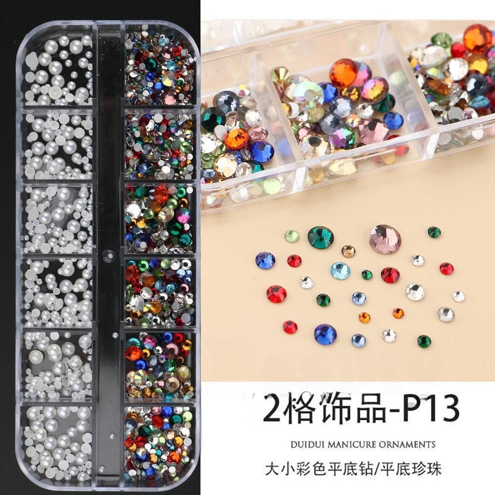 12 Grid Mixed Nail Art Supplies, Beads Flatback Rhinestones Iridescent Charms