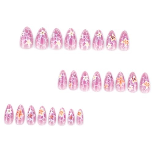 Press on Nails with Flower Design Medium Almond Fake Nails Marble Pattern