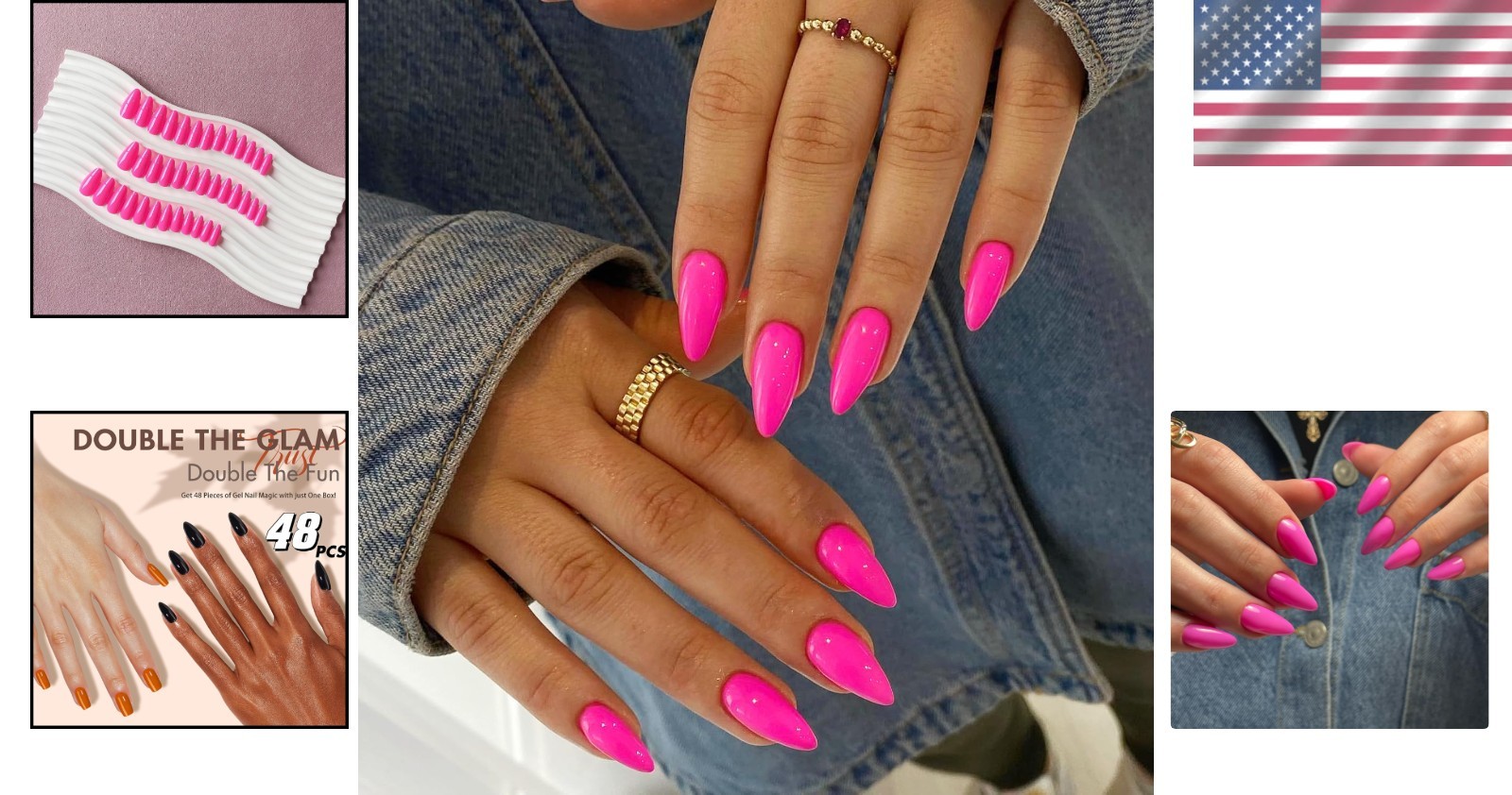 48pcs Hot Pink Almond Press On Nails – Reusable Medium Length Gel Beauties