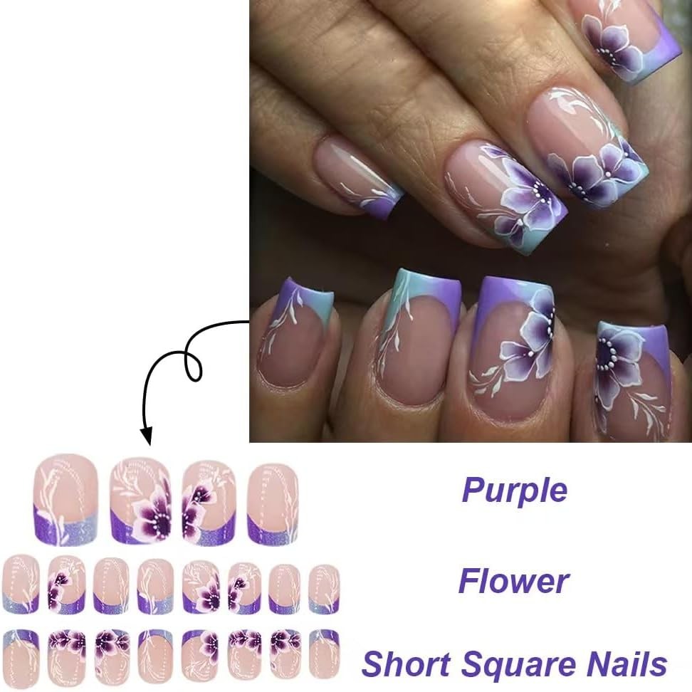 French Tips Press on Nails Purple Flower Fake Nails with Ombre Design Glossy Glu