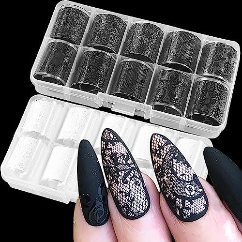 20 Rolls Lace Nail Foil White and Black Nail Transfer Foil Flower Black&white