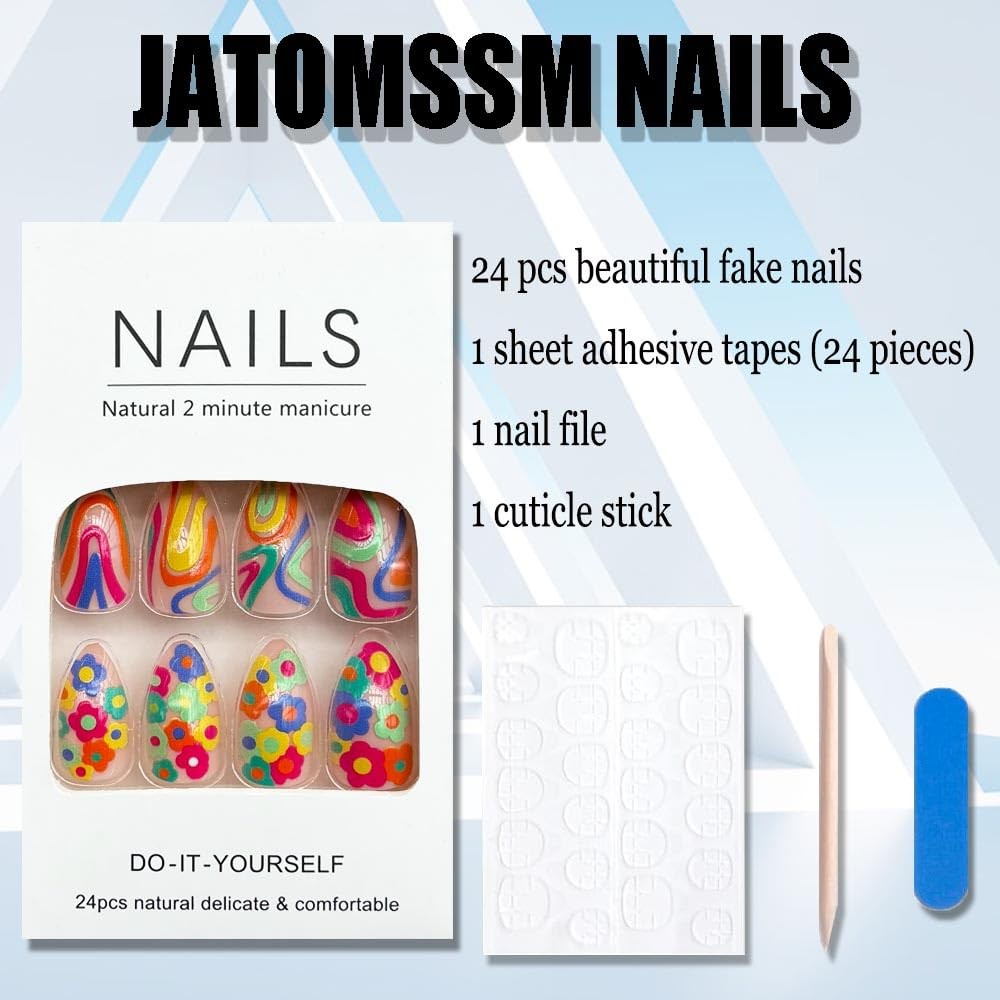 24Pcs Colorful Flower Press on Nails Medium Almond Shape Fake Medium, Style D