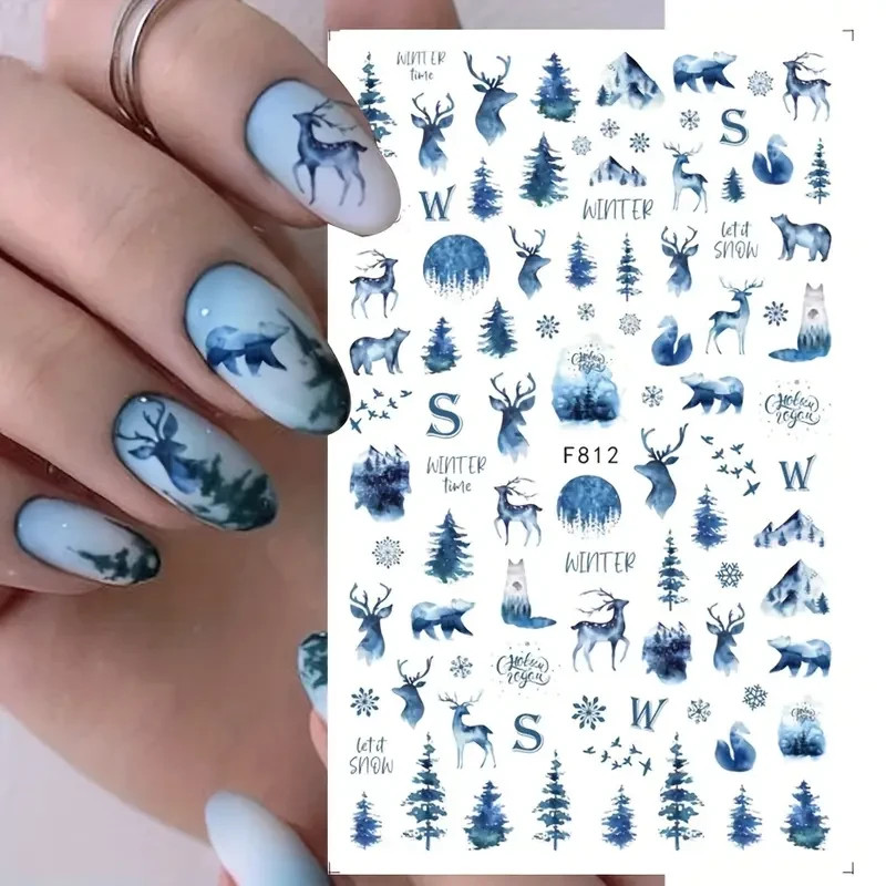 Nail Art Stickers Decals Winter Blue Forest Deer Snowflake Xmas 3D DIY