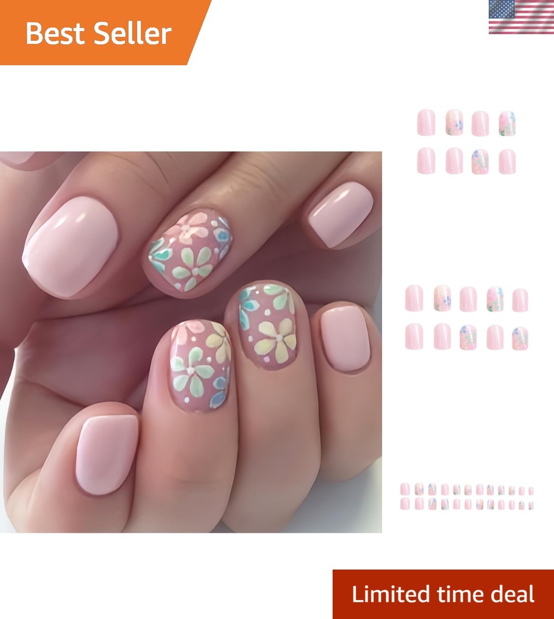 24Pcs Short Square Glossy Flower Press-On Nails – Perfect Gift Set for Girls