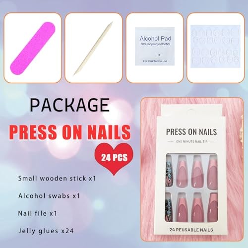 Coffin Press on Nails Medium Dark Pink French Tip Fake Nails Glitter Flower