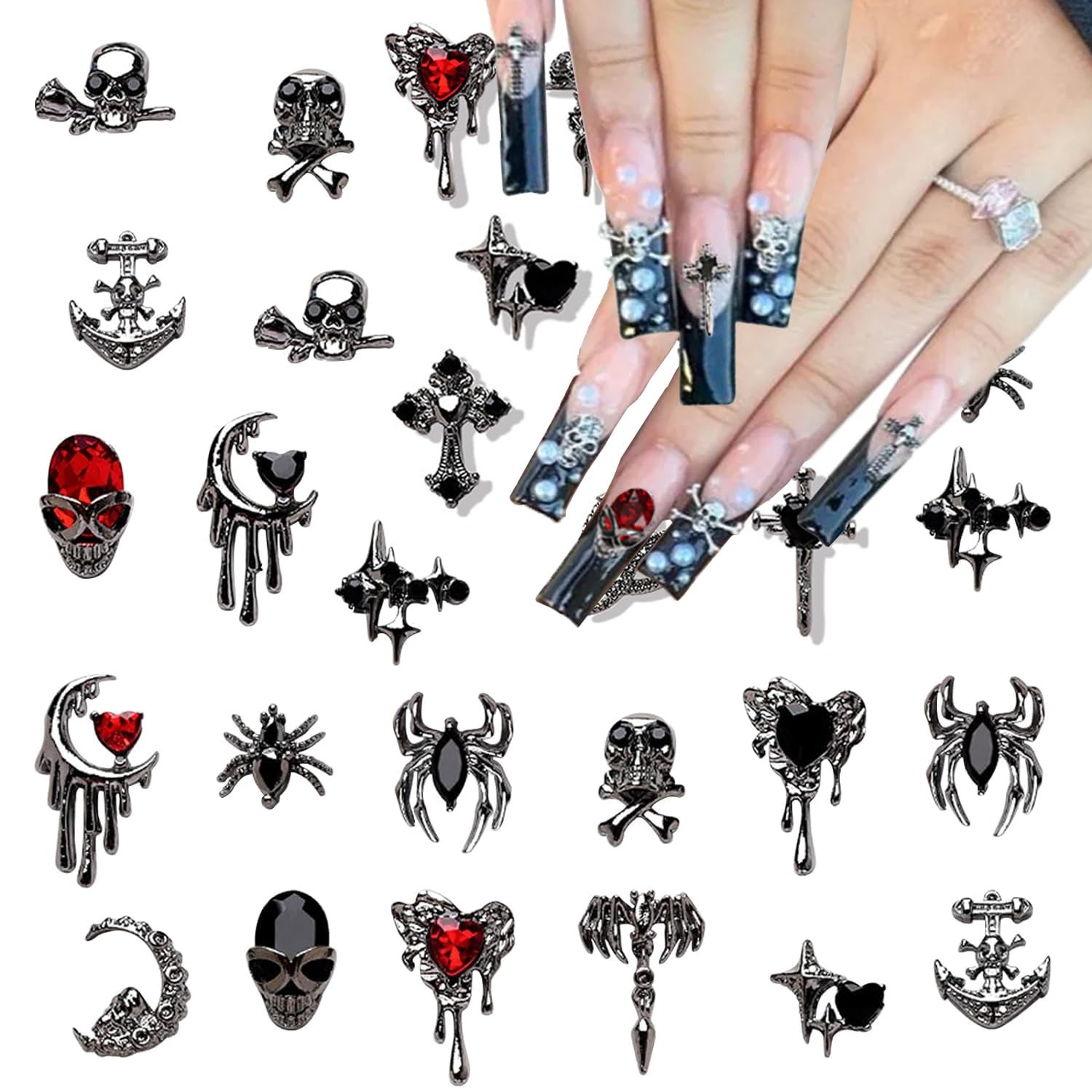 Halloween Nail Charms 22PCS 3D Alloy Spider Skull Halloween Nail Art Charms V…