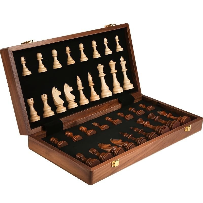 15″ Folding Walnut Chess Set with Storage 15 inches by 15 inches, Walnut/Tan