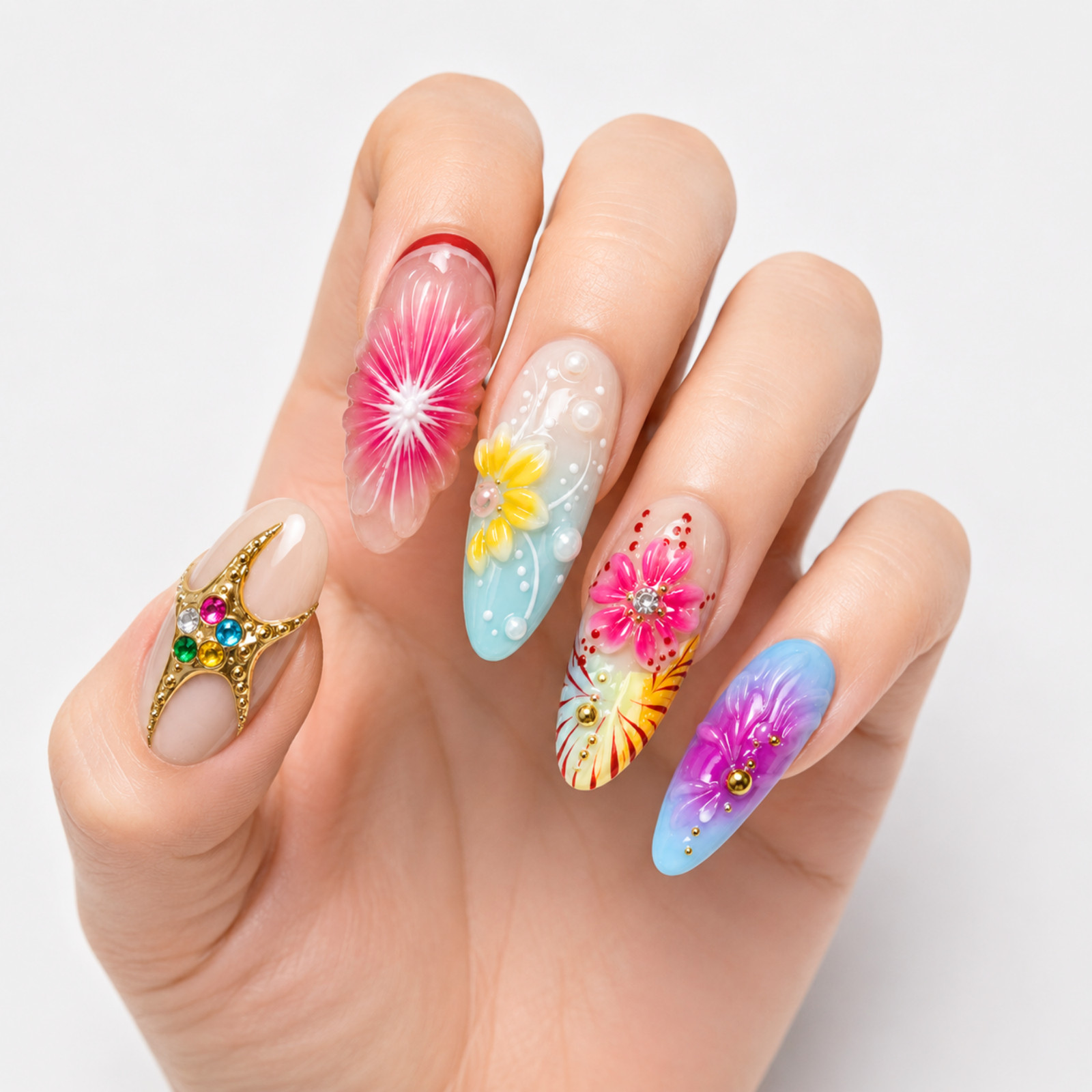 Handmade 3D Floral Starfish Press On Nails Summer Ocean Nail Set