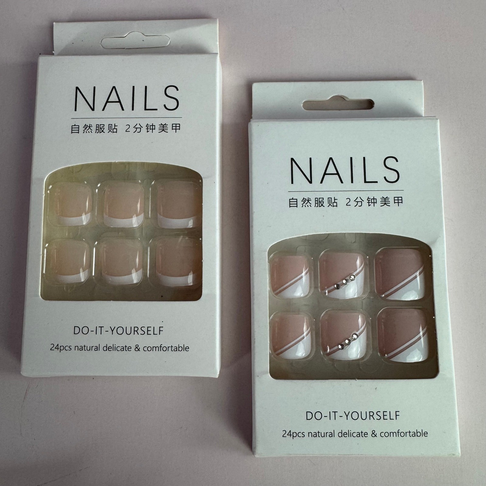 Lot of 2 Press On Toenails French Tip and Rhinestone Mauve DIY Pedicure Kits NIB