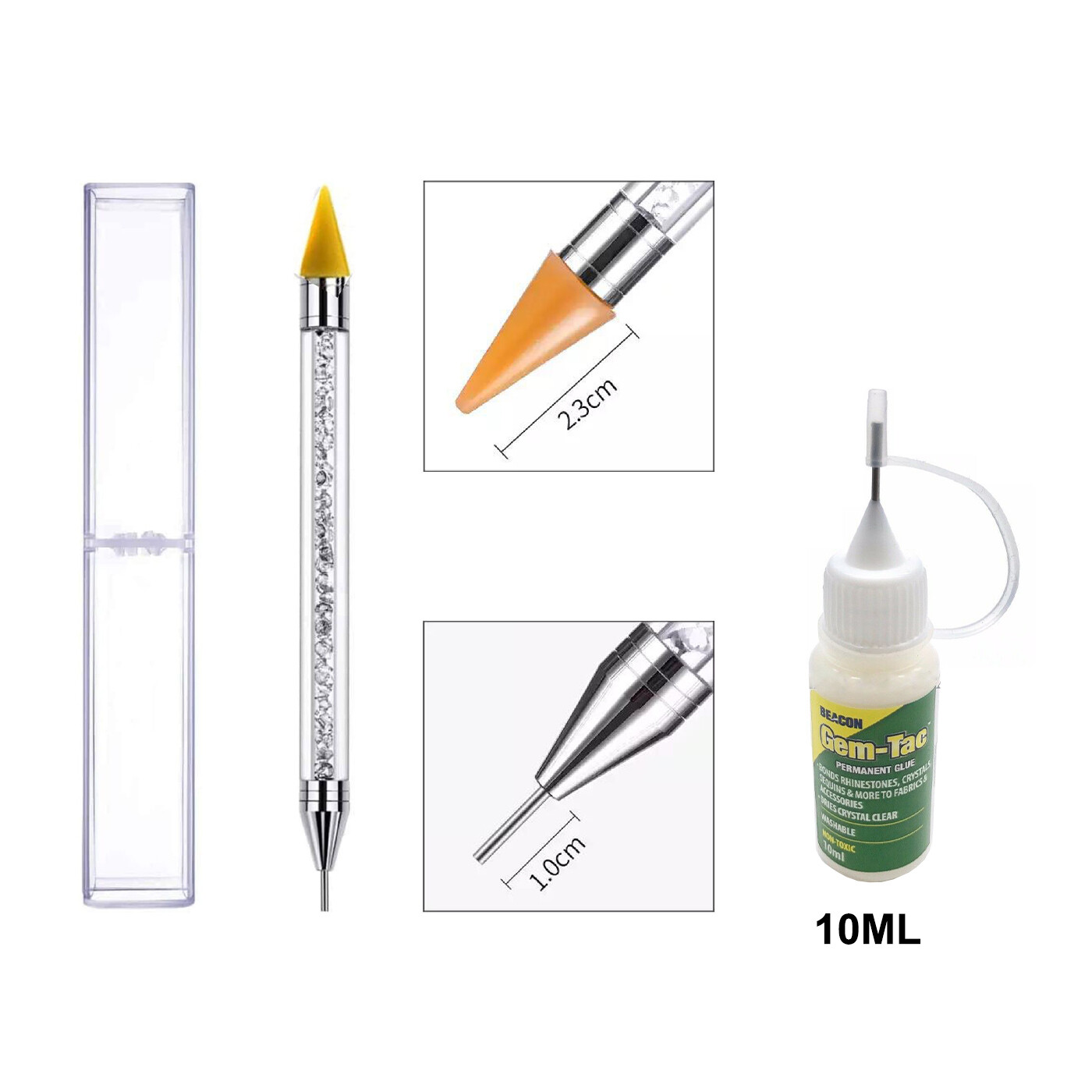 Nail Art Dual Ended Rhinestone Gem Picker Pickup Pen Tool With 10ml Gem-Tac Glue