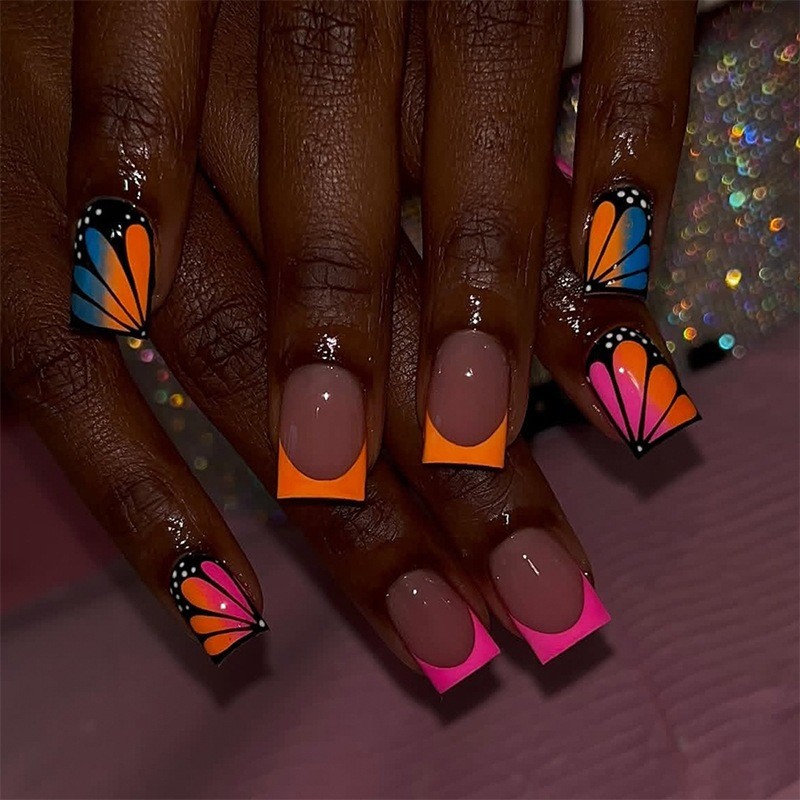 48pcs-Vibrant Butterfly Press on Nails with Ombre Tips and Bold Black Outline