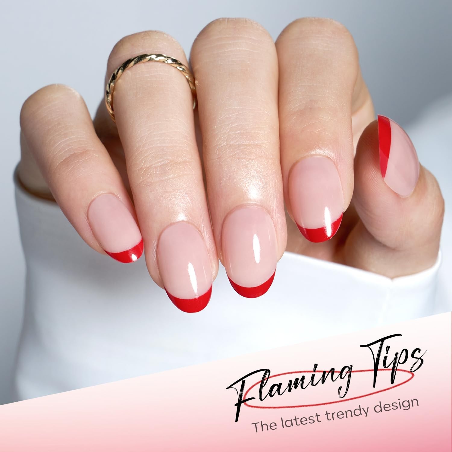 Glossy Red French Tip Fake Nails – 32 Pcs Long-Lasting Nail Kit for Women