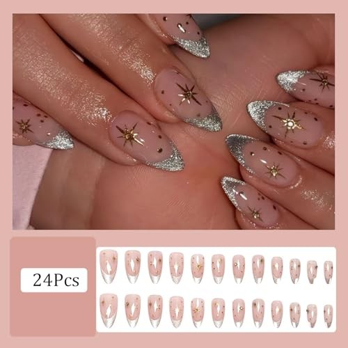 24Pcs Silver Press on Nails Medium Almond Fake Nails Diamond Glitter French Tip