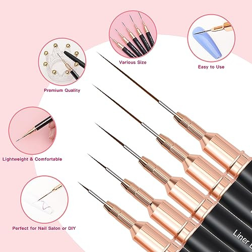 Metallic Nail Art Brushes, 5Pcs Liner Brush Set, UV Gel Polish Painting Art