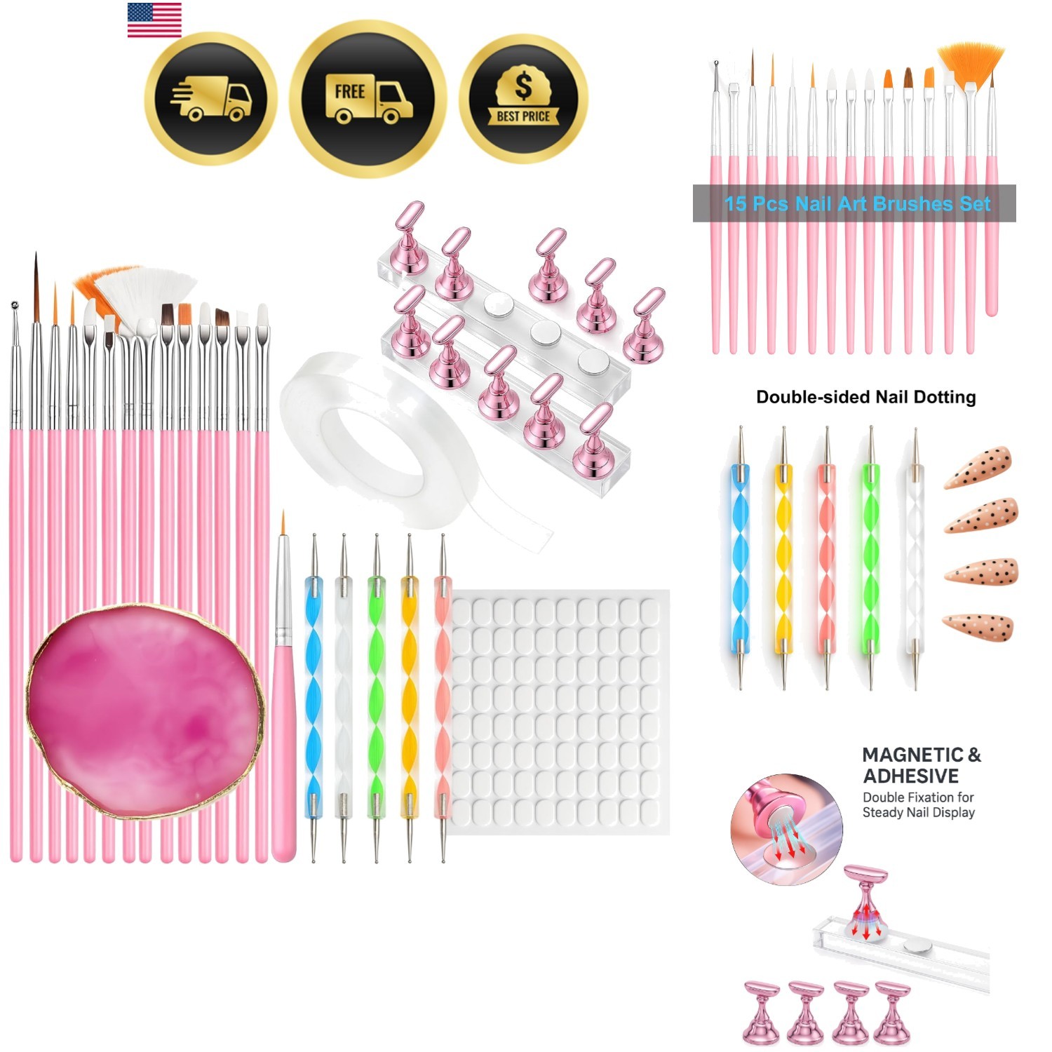 Nail Art Tools Set – 15pcs Pink Nail Art Brushes, 5pcs Dual-Ended Dotting Pen…