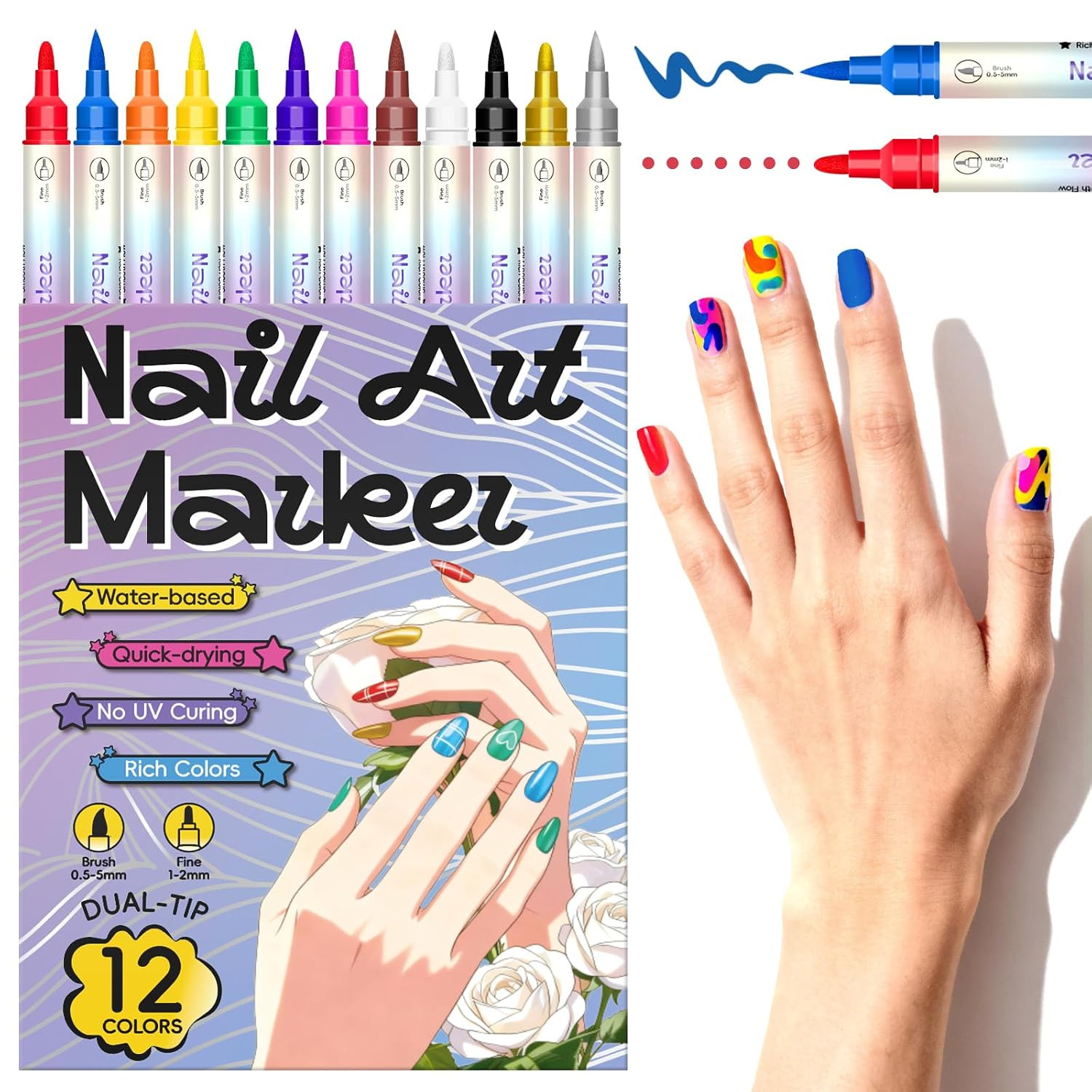 12 Colors Double-Ended Nail Art Markers Set, 3D Nail Polish Pens with Liner Brus