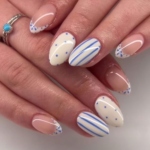 French Tip Press on Nails Short Almond Fake Nails with Blue Polka Dots Blue-21