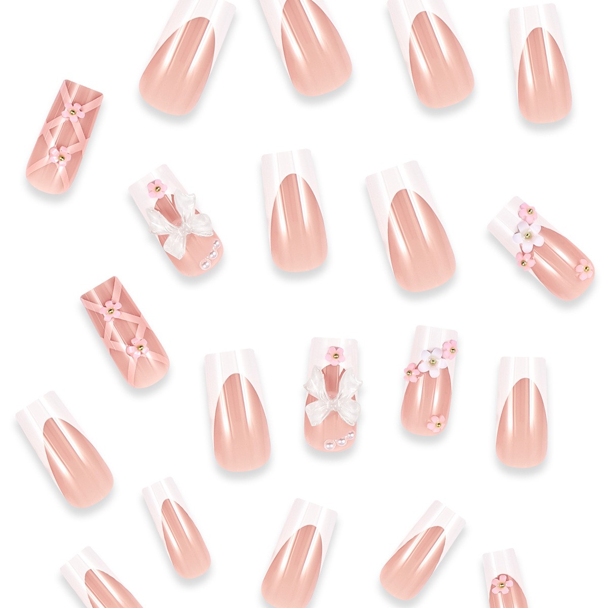 24x French Press on Nails Medium Rhinestone Pink Fake Nails Almond Bling Glossy