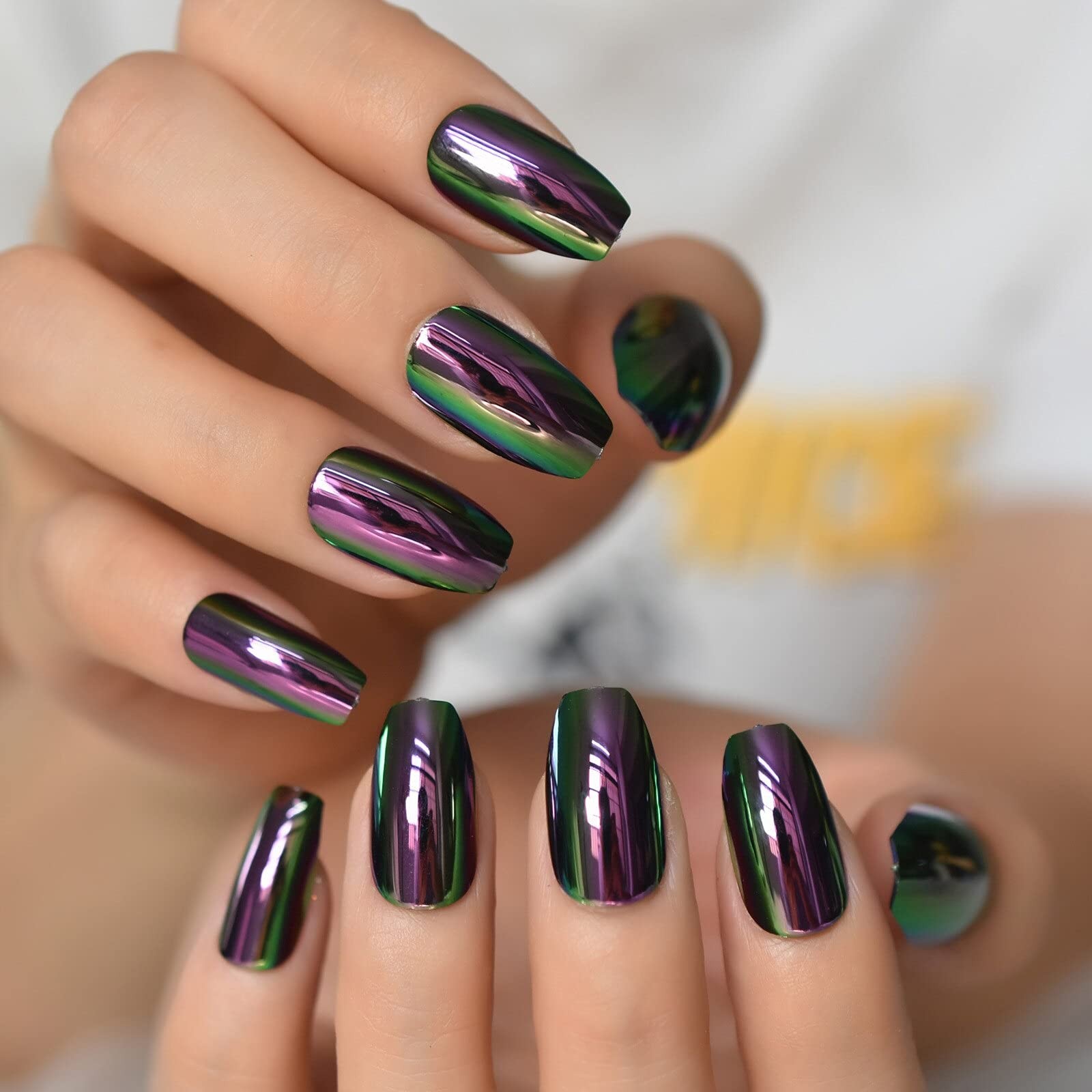 Short Midi Coffin Nails Chrome Mirror 24 Count (Pack of 1), Metal Rainbow
