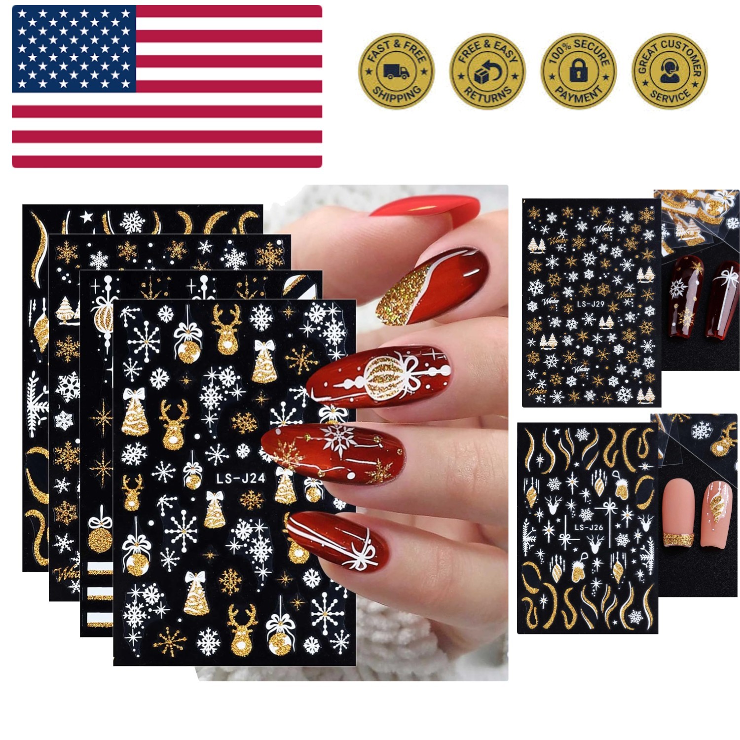 8 Sheets Glitter Christmas Nail Art Stickers Decals Self-Adhesive Holiday Gol…