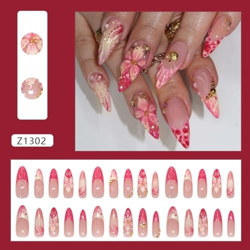 30Pcs Flower Press on Nails Long Almond French Tip Fake Flower French Nails 12