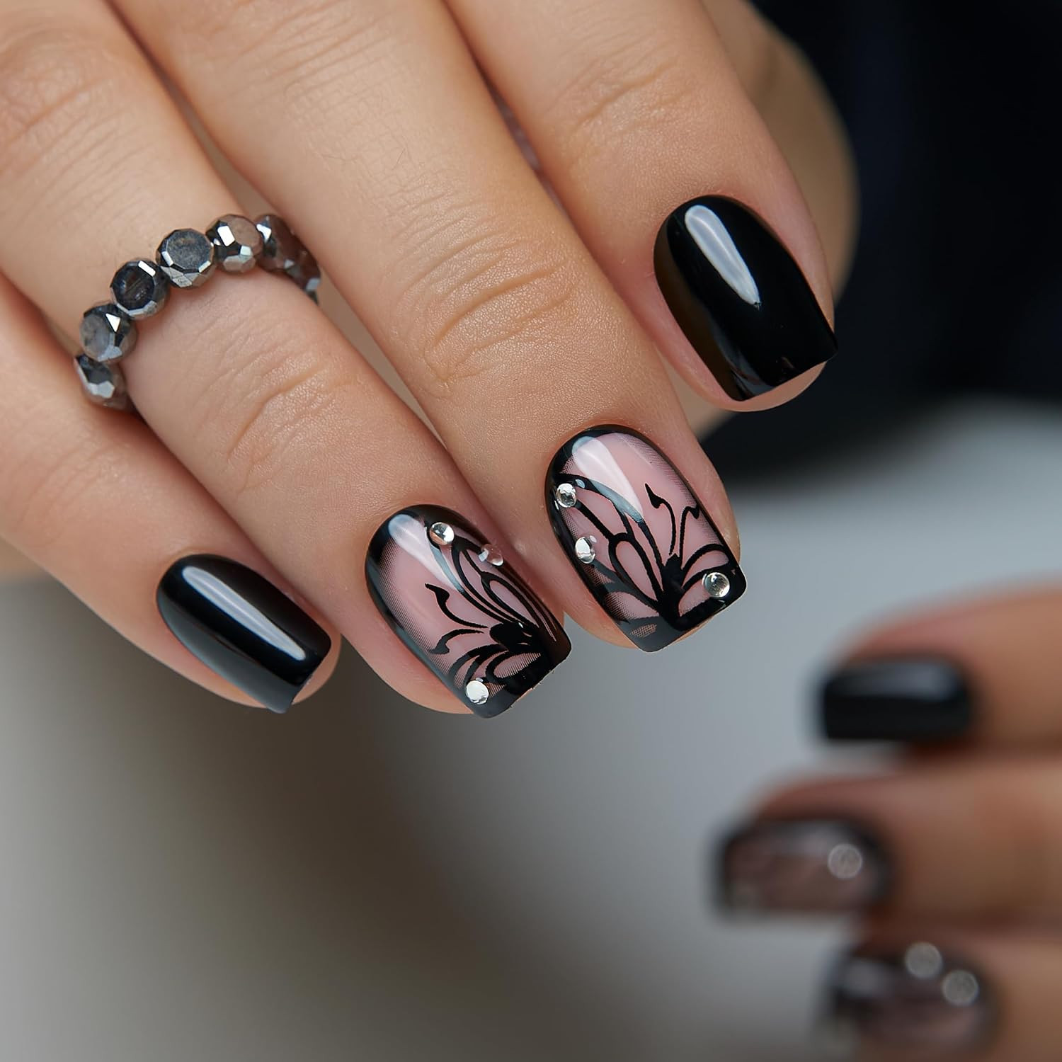 Black Press on Nails Short Square, Rhinestone Swirl Design Soft Gel Acrylic Stic