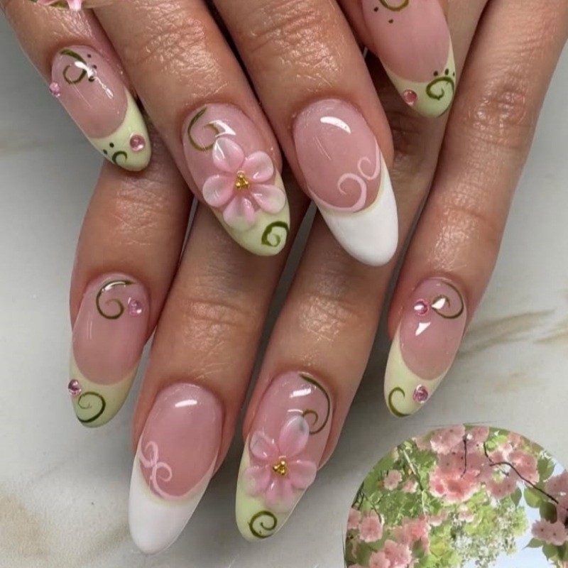 48Pcs-Long Almond Light Green French Cherry Blossom Rhinestone Press on Nails