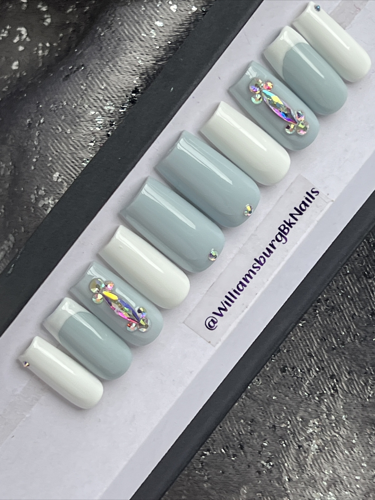 💎 CUSTOM Gel press On Nails, BLUE GREY BLING , Med Square 10p Set With FULL KIT