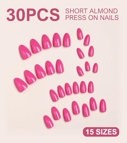 30Pcs Hot Pink Press on Nails Almond, Short Fake Nails Glossy Acrylic False