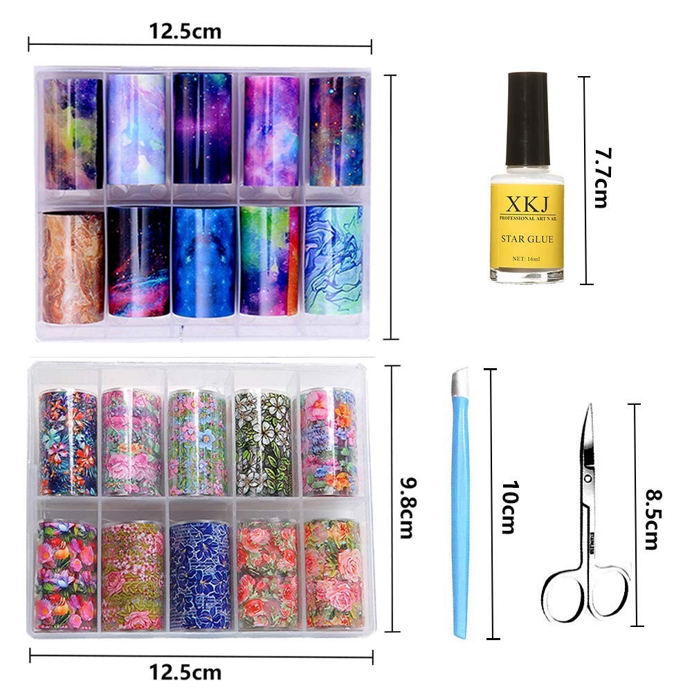 20 Color Starry Sky Stars Nail Art Foil with Nail Glue, Holographic Nail Art Tra