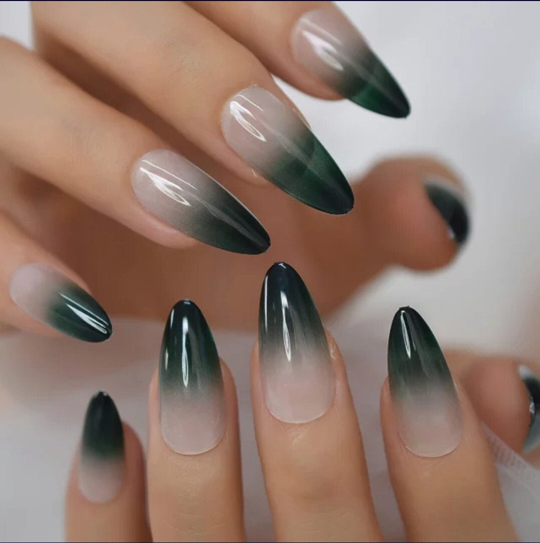 24 Medium Press on nails kit w glue dark green ombre nude winter almond