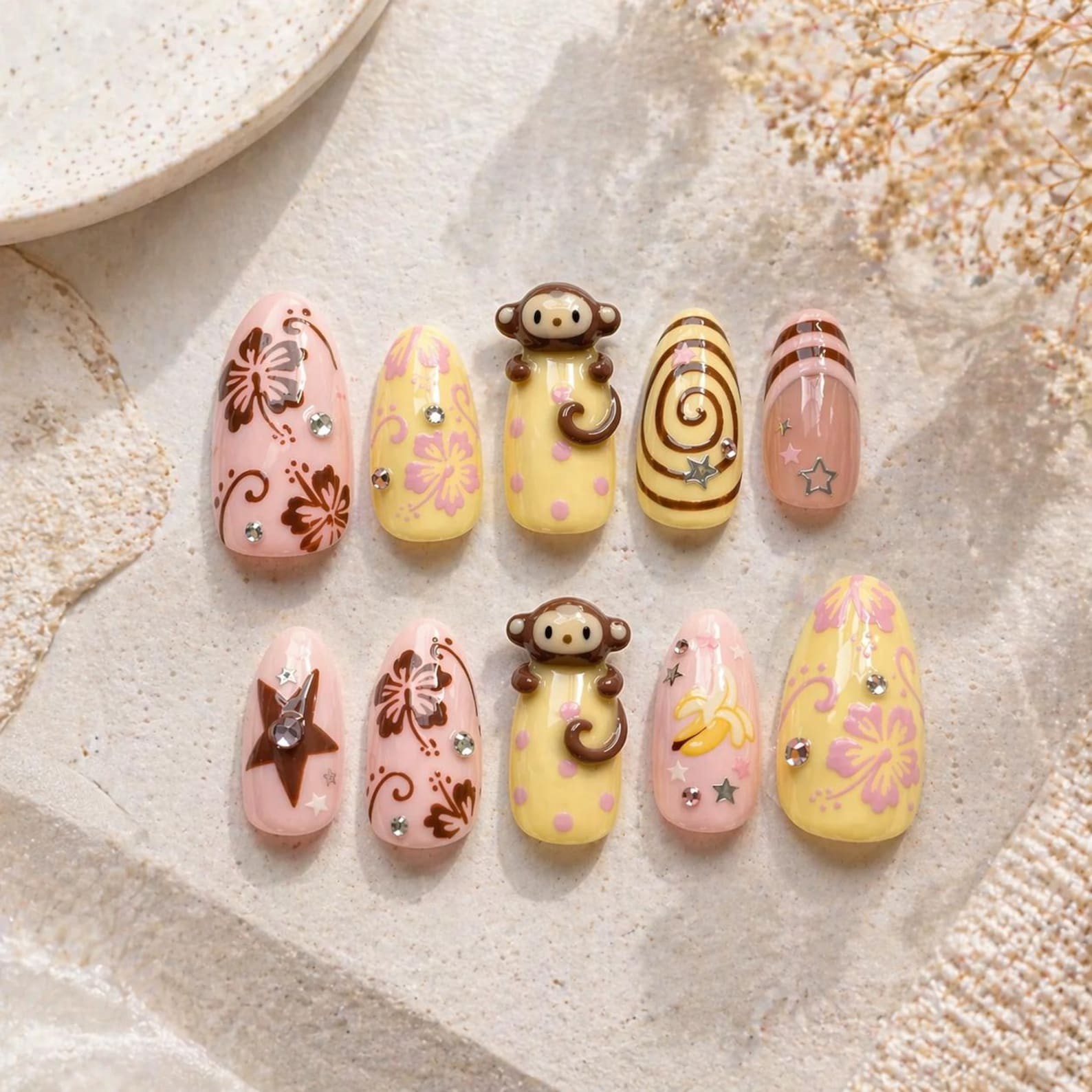 Handmade Monkey Banana Floral Swirl Star Rhinestone Medium Almond Press on Nails