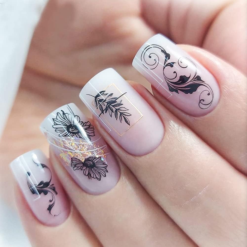 Black Flowers Nail Stickers, Floral Nail Art Decal 3D Self-Adhesive Lace Retr…