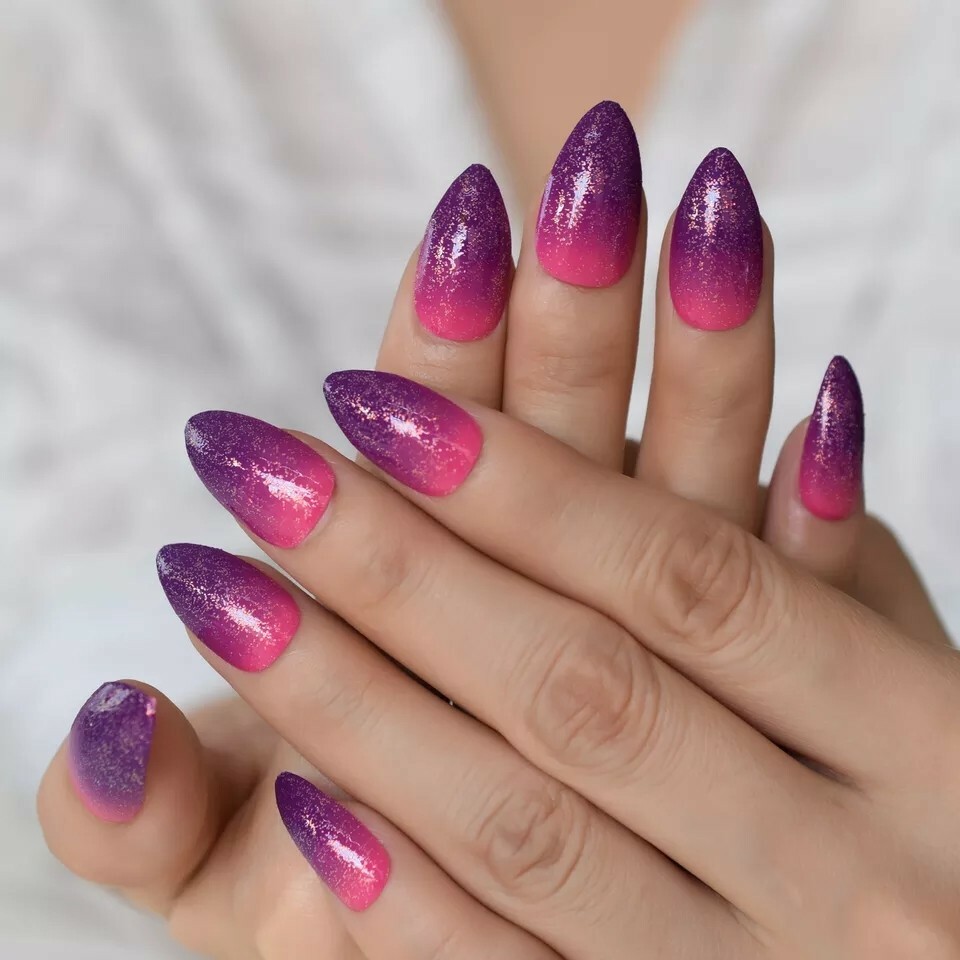 24 Ombre pink purple Press On Nails w/ Glue pointed almond stiletto glitter