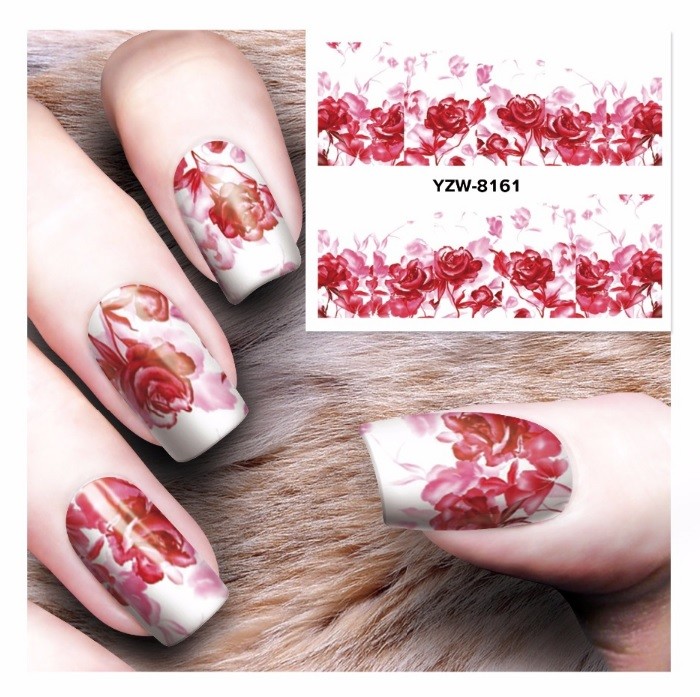Pink Rose Flowers Nail Art Sticker Decal Decoration Manicure Water Transfer