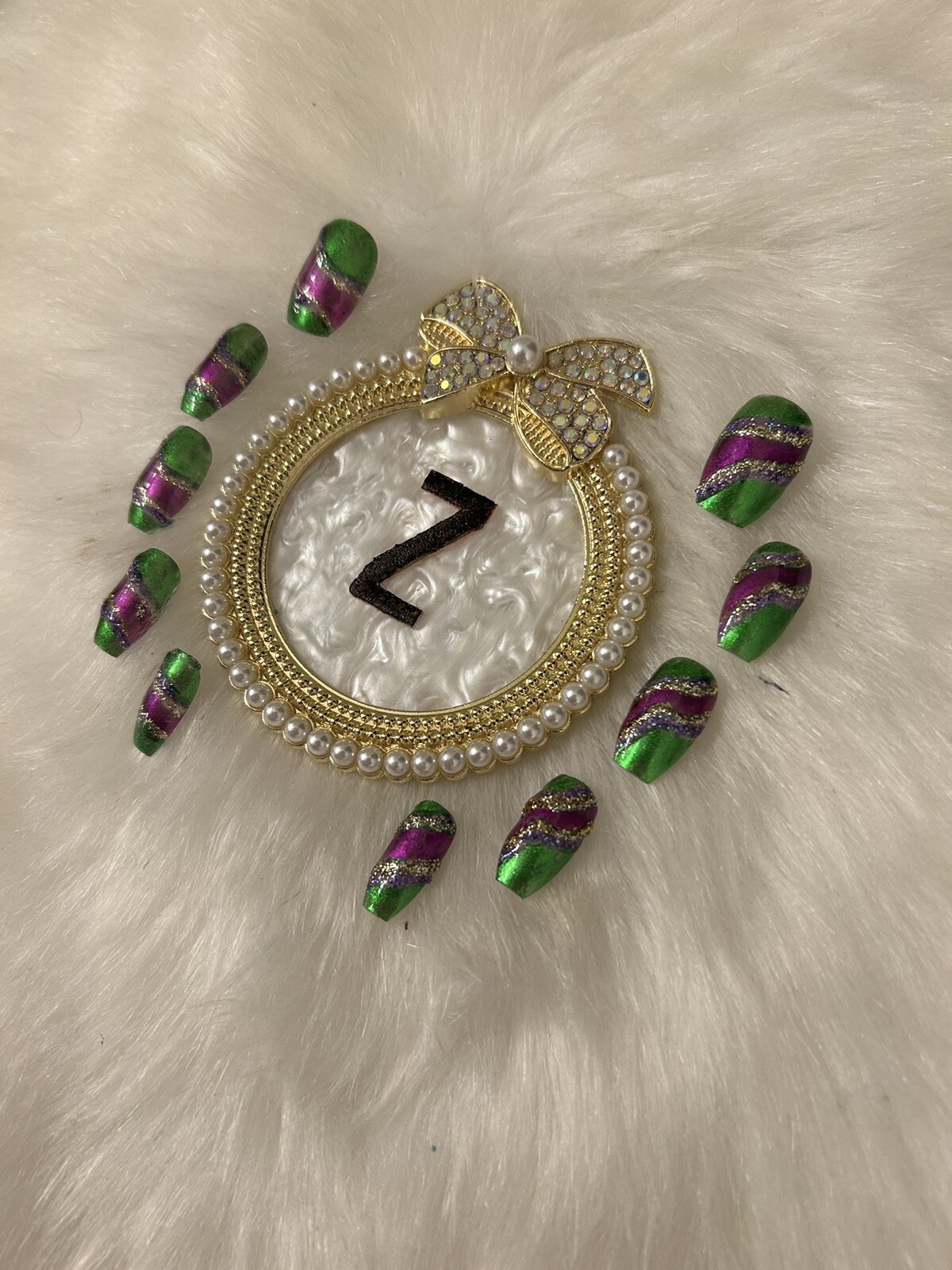 Z NAILZ! Gorgeous Set Of Handmade M Coffin Purple/Green/Gold Press On Nails