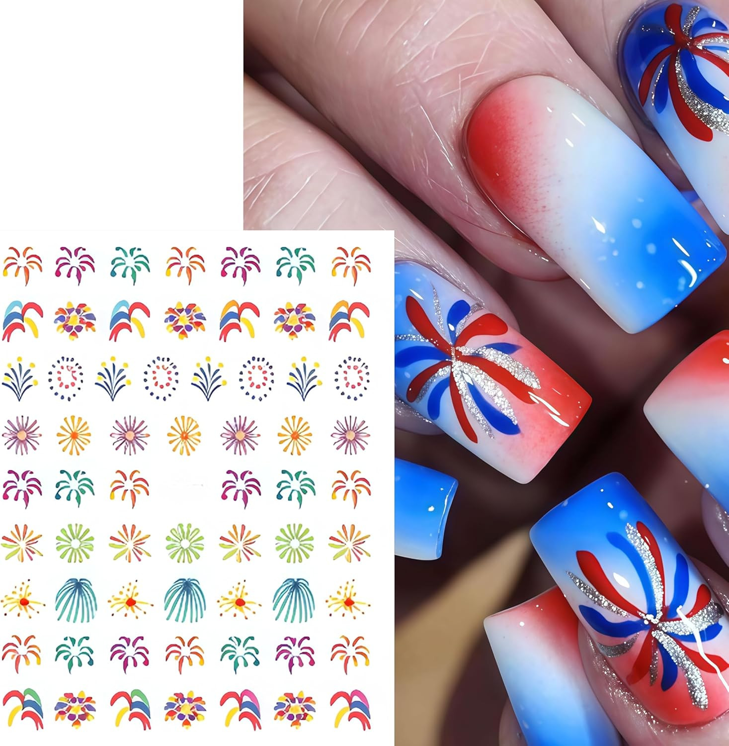 8 Sheets 4Th of July Colorful Fireworks Nail Stickers 3D Self-Adhesive Nail Deca