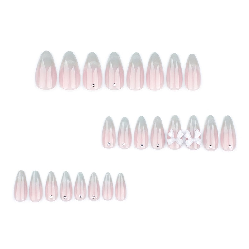 24pcs Sweet Cat Eye French Press on Nails 3D Bow Knot Almond Fake Nail for Women