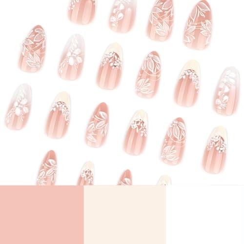 Flower Press on Nails Medium Almond Fake Nails Bridal Nails Press ons style32