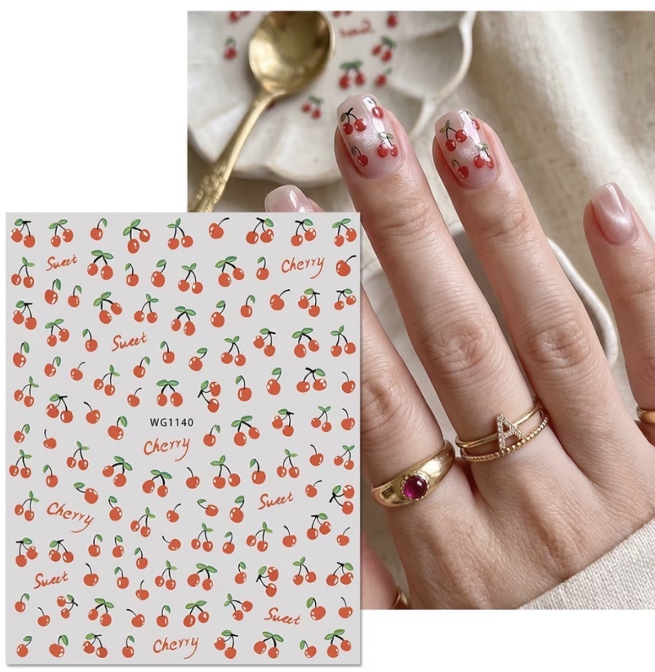 Red Cherry Nail Art Stickers Self-adhesive Decals Transfers Summer Fruit WG1140