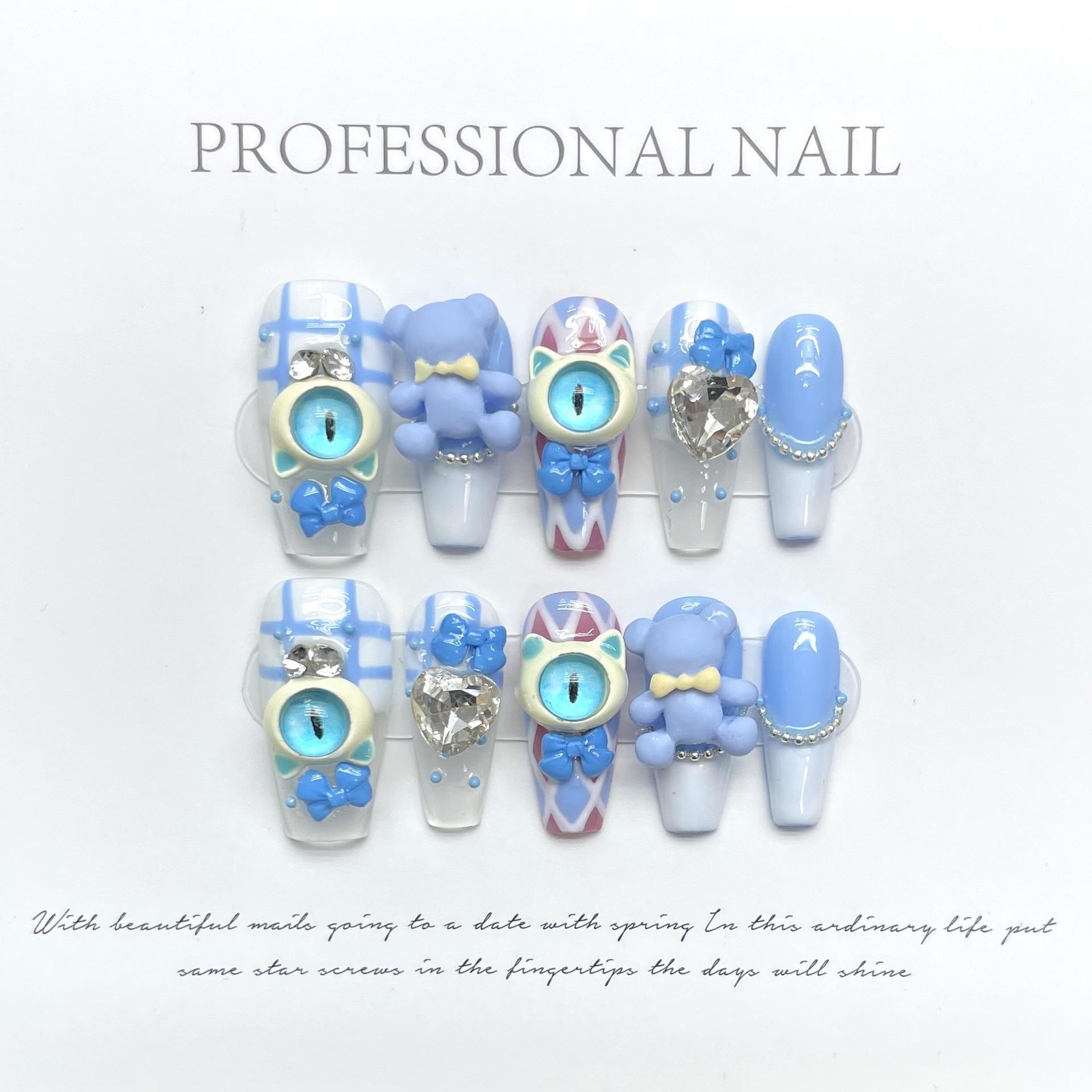 10pcs Cute Handmade Fake Nail Tips Small Monster False Nails with Bow Stars Patt