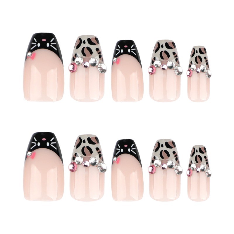 48Pcs-Short Leopard Press on Nails Square Nail Art Black Cat French Tip Gemstone