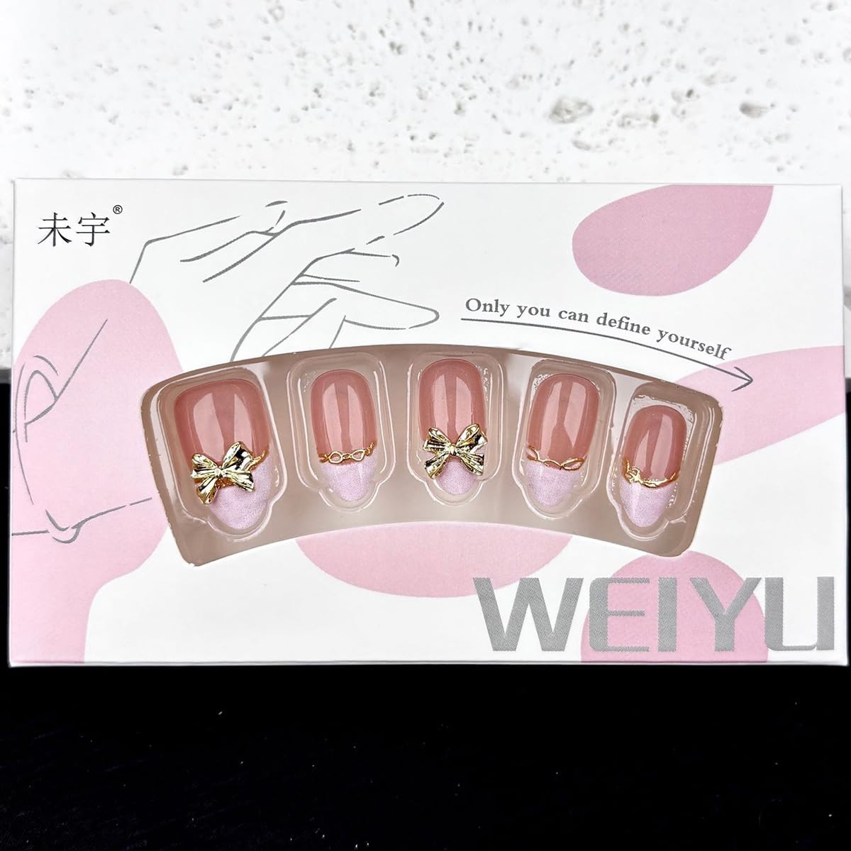 30Pcs Pink French Tip Press on Nails Short Almond Fake Nails 3D Bow with Gold…