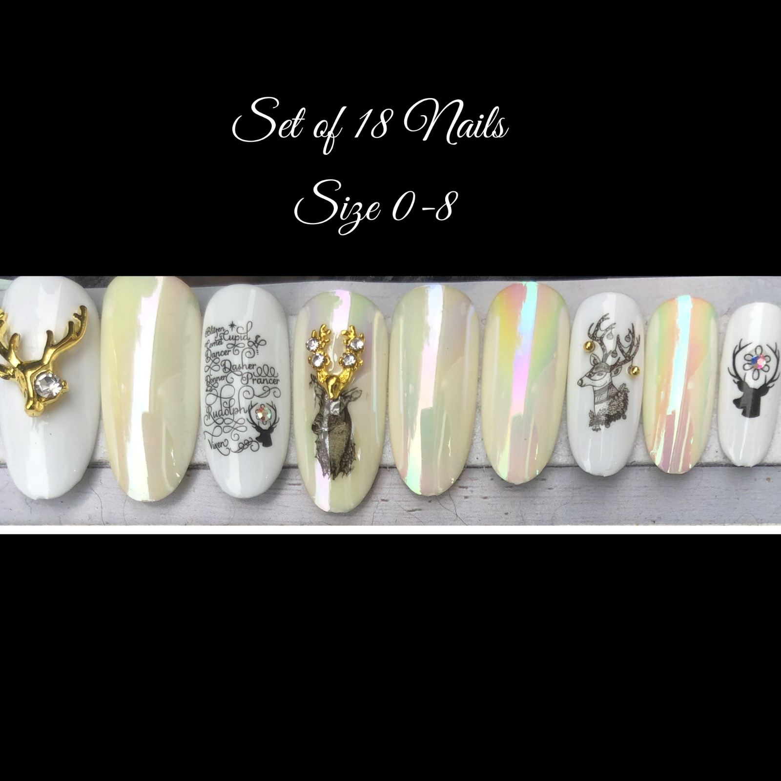 Aurora nails with Deer heads – press on nail set- (Set of 18 sizes 0-8)