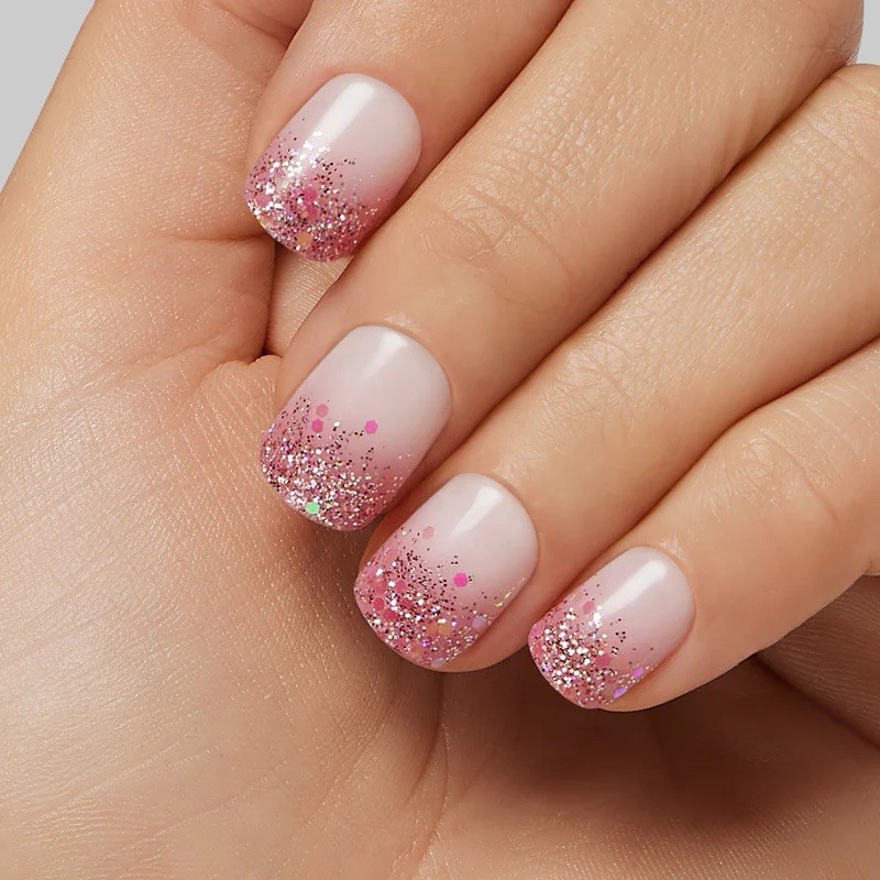 Kleo Kolor 30 Press-On Gel Nails~Like Confetti Pink Glitter Dipped~Short Square